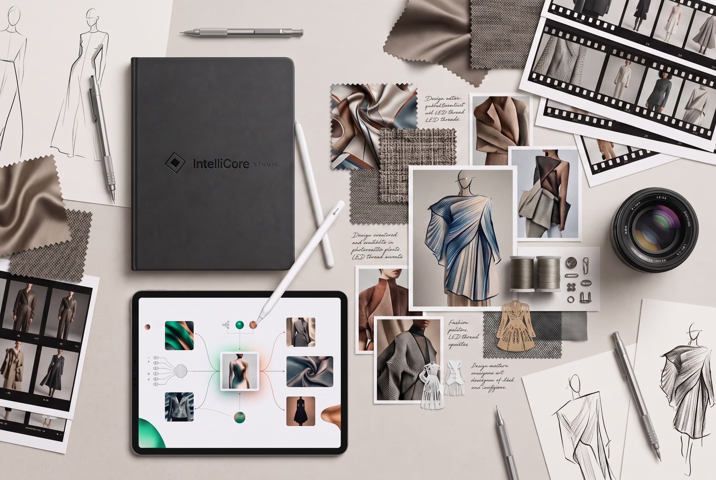 An IntelliCore Studio AI creative desk — sketches, fabric swatches, contact sheets, camera lens and an AI workflow board
