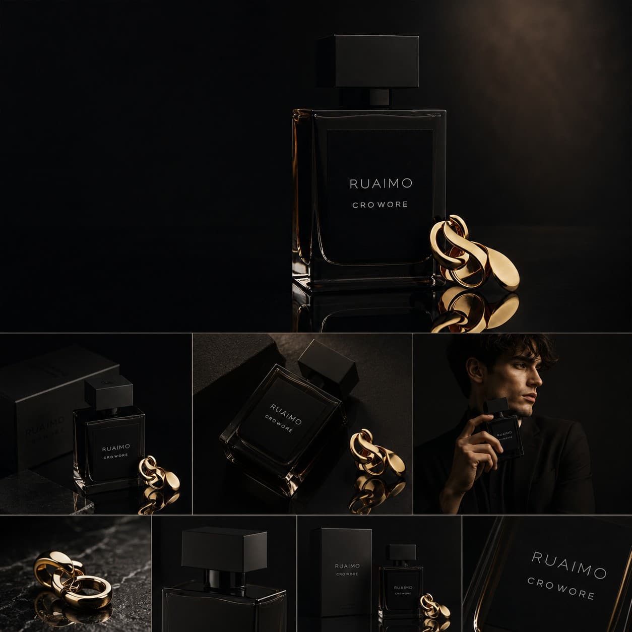 Free sample example — a full fragrance campaign contact sheet produced by IntelliCore Studio