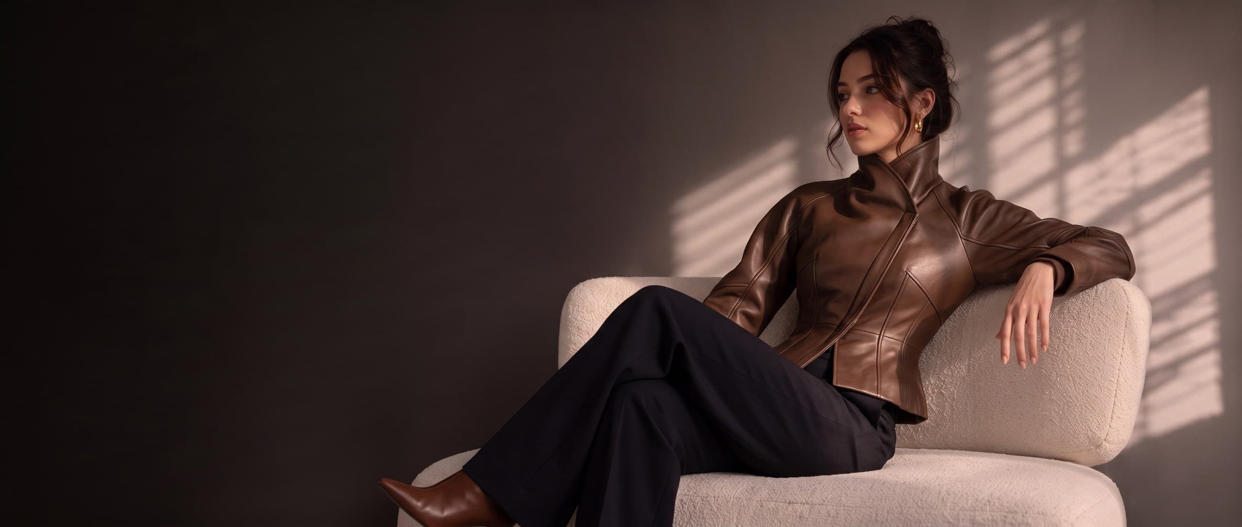 Studio fashion campaign — model in a brown leather jacket seated on a bouclé chair in dramatic window light